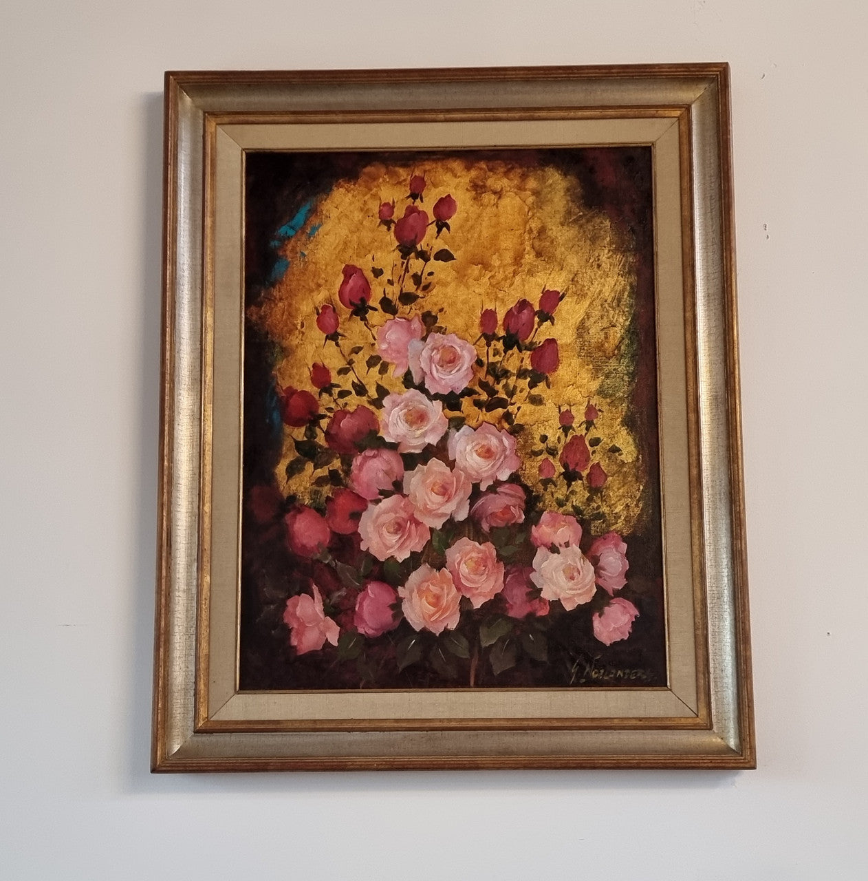 French Signed Floral Oil On Canvas In Silver Gilt & Gilt Frame