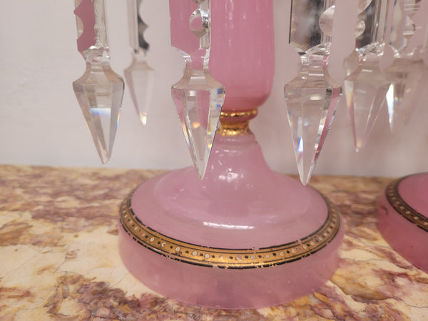 Large Victorian pink glass an gilt trim crystals lusters. It is in good original condition, please view photos as they help form part of the description.