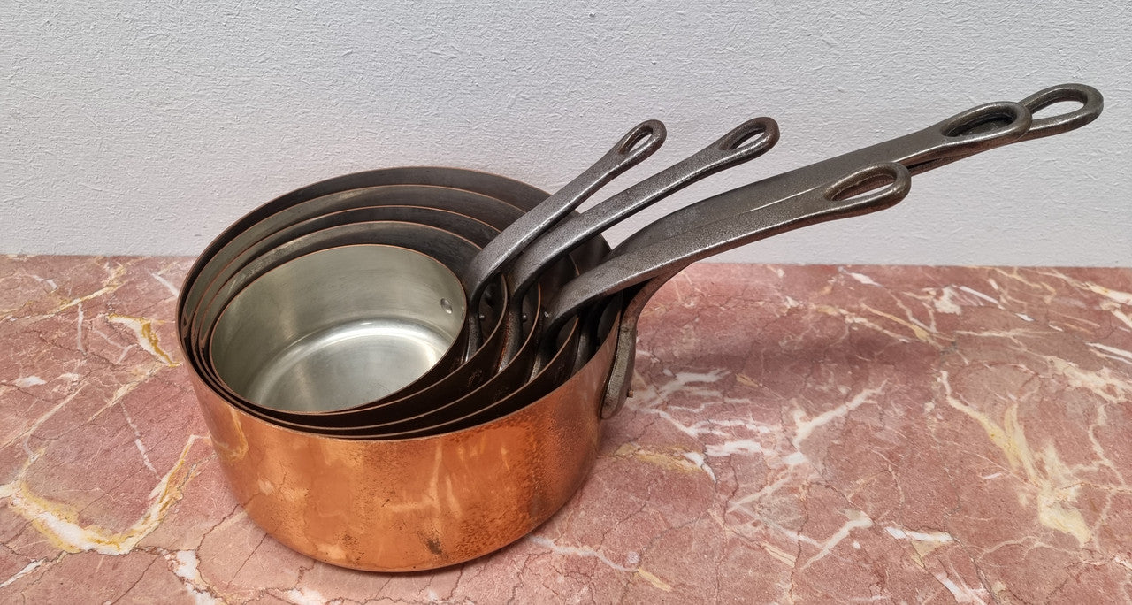 Set of Five Vintage Copper Saucepans with Tin Lining Made In France