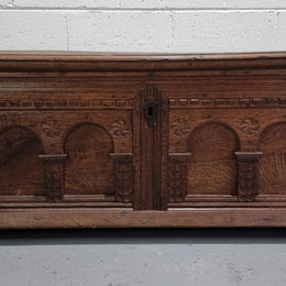 Fabulous carved French oak Antique Coffer / Chest with a lift up lid and loads of beautiful character in good original detailed condition.