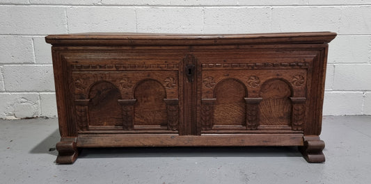 Fabulous carved French oak Antique Coffer / Chest with a lift up lid and loads of beautiful character in good original detailed condition.
