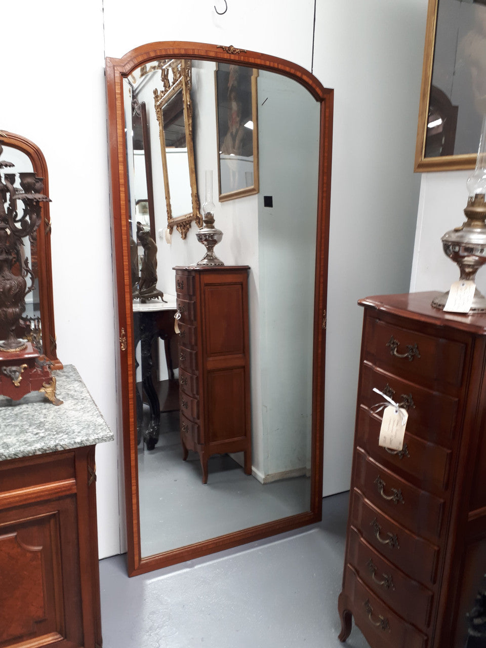 French Inlaid Walnut Free Standing Bevelled Edge Mirror | Antique & Vintage | Moonee Ponds Antiques | Australia Wide Delivery