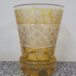 Antique Amber Bohemian acid etched and wheel engraved crystal vase. It has a stunning frieze of vine branches and a star cut base. It is in good original condition, please view photos as they help form part of the description.