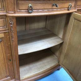 French Oak parquetry top sideboard with a glass top section for displaying and three cupboards and drawers for all your storage needs. Lovely carved details and is in good original detailed condition.