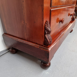 A 19th Century Scottish Flame Mahogany tall boy/ Chest of six drawers. Beautiful carvings and easily comes apart into three sections making transport o0r moving into place easy. In good original detailed condition.