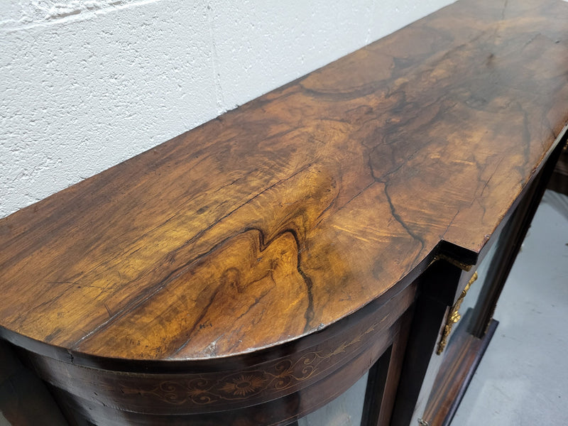 Victorian Rosewood inlaid side cabinet/credenza with velvet lined shelves and gilt mounts. It has been sourced locally and is in good original condition with loads of character.