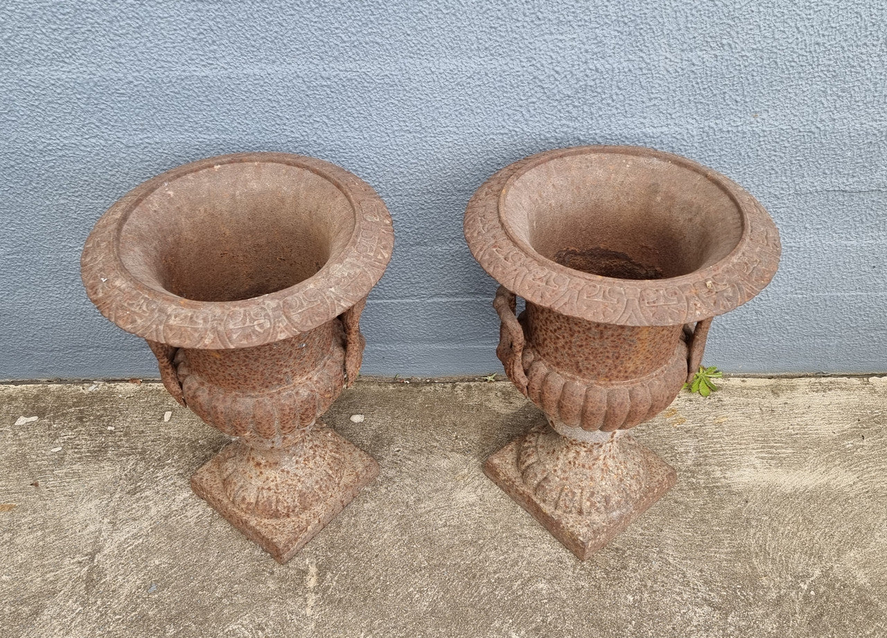 Beautiful Pair of French Rustic Cast Iron Urns With Handles | Antique & Vintage | Moonee Ponds Antiques | Australia Wide Delivery