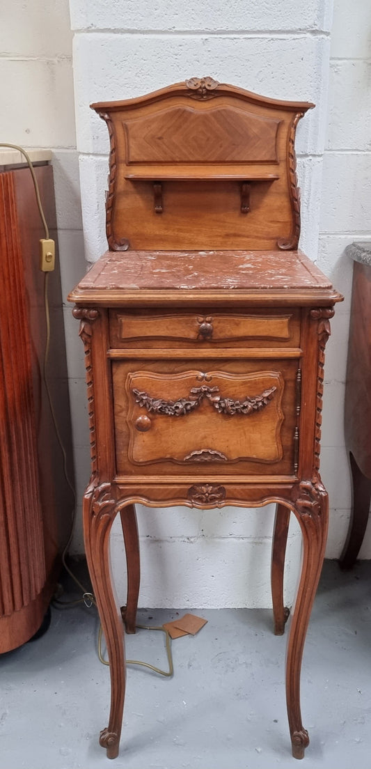 Single Louis 15th Inset marble bedside cabinet. It has a fully marbled interior and a wooden shelf on top. In good original detailed condition.
