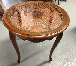 French Carved & Cane Round Table With A Glass Top | Antique & Vintage | Moonee Ponds Antiques | Australia Wide Delivery