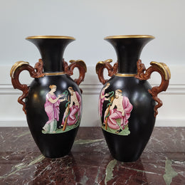 Pair Antique 19th century Paris porcelain Grecian style vases. Please view photos as they help form part of the description.