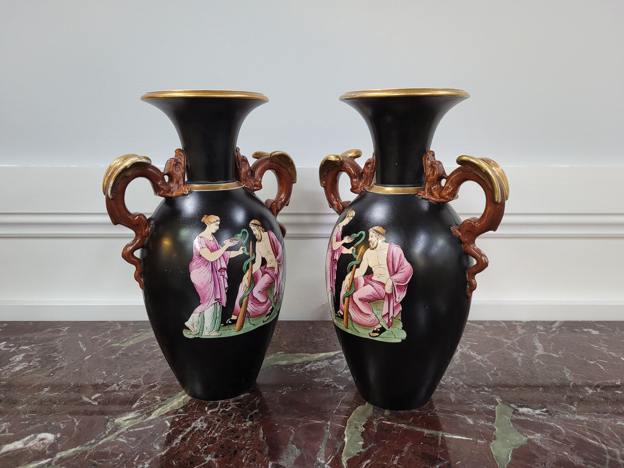 Pair Antique 19th century Paris porcelain Grecian style vases. Please view photos as they help form part of the description.