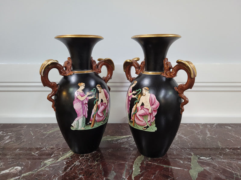 Pair Antique 19th century Paris porcelain Grecian style vases. Please view photos as they help form part of the description.