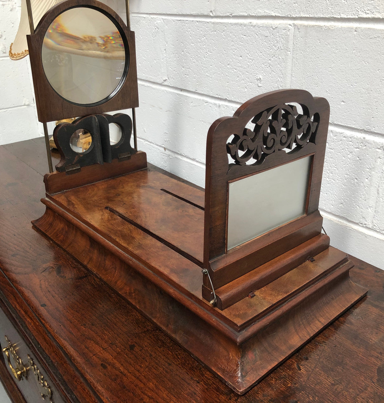 Victorian beautiful Walnut stereoscope viewer with 12 amazing photo view cards of all different locations. In good original detailed condition.