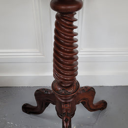 Rare early Victorian Irish Burr Walnut wine table. It has a beautiful carvings and a stunning burr walnut top, on a barley twist column and three shaped legs. It has been sourced locally and is in good original detailed condition. We also have a second table being sold separately which when together make a matched pair.