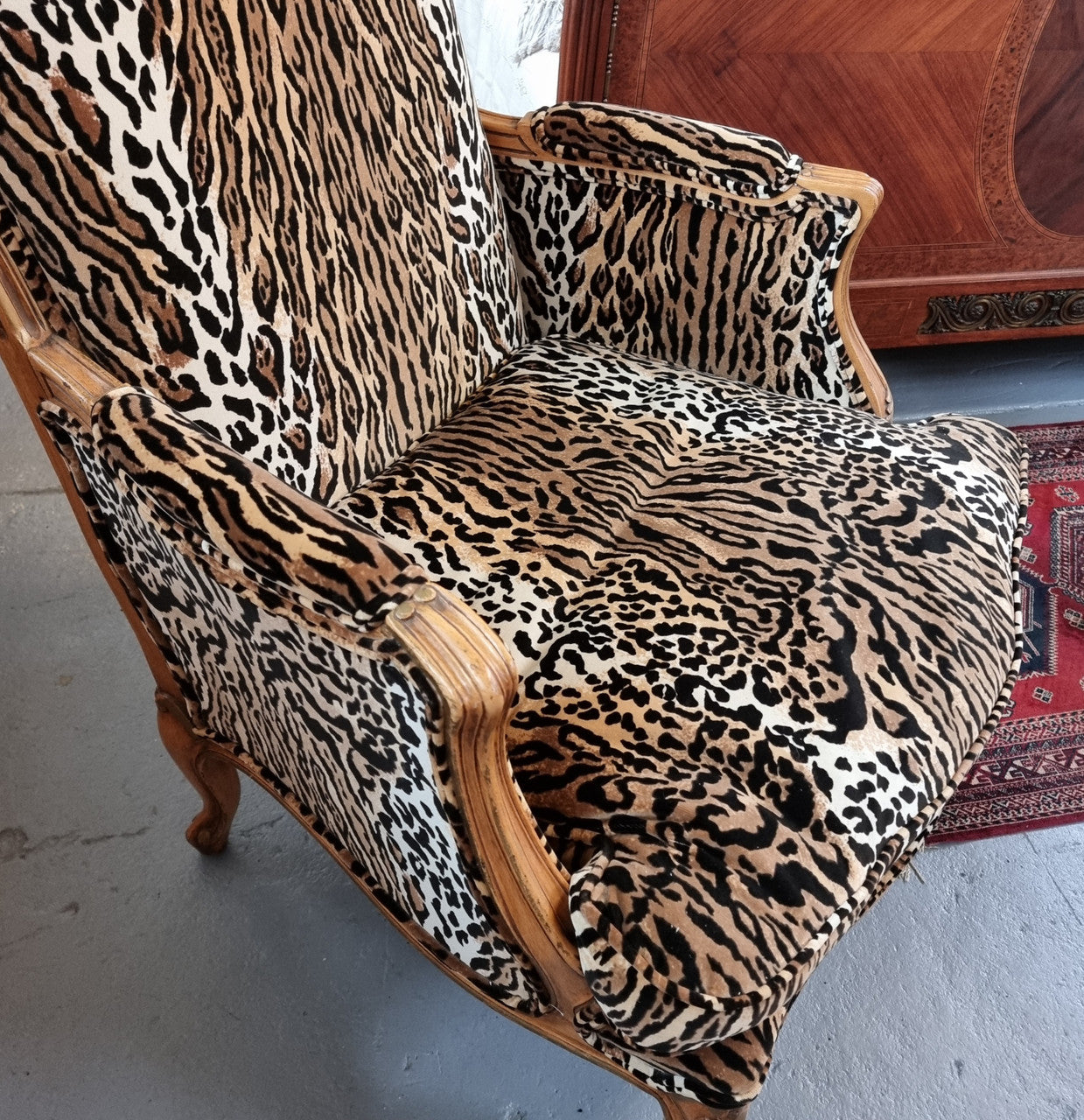 A French Louis XV style Armchair With Leopard Print Upholstery With Matched Footstool | Antique & Vintage | Moonee Ponds Antiques | Australia Wide Delivery