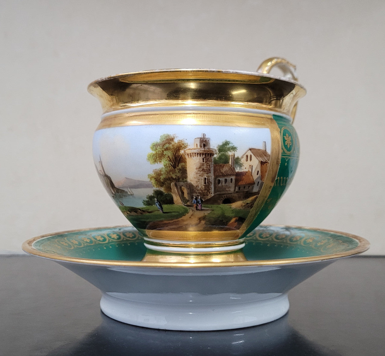 “Old Paris Porcelain” Large Cup & Saucer with Hand Painted River Landscape | Antique & Vintage | Moonee Ponds Antiques | Australia Wide Delivery
