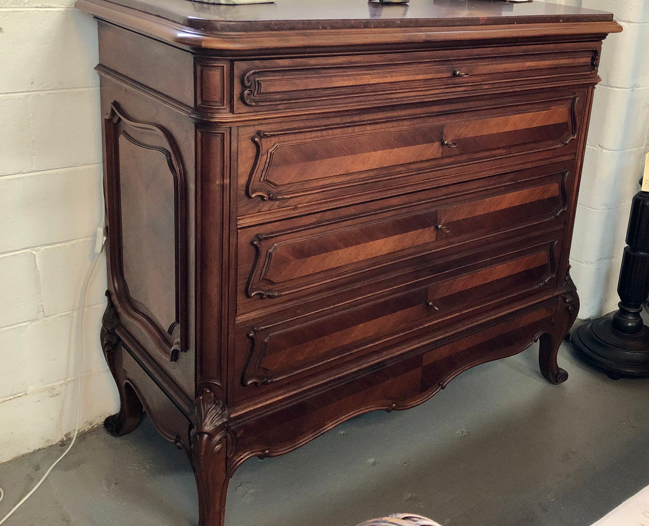 19th Century French Walnut Five Drawer Marble Top Commode
