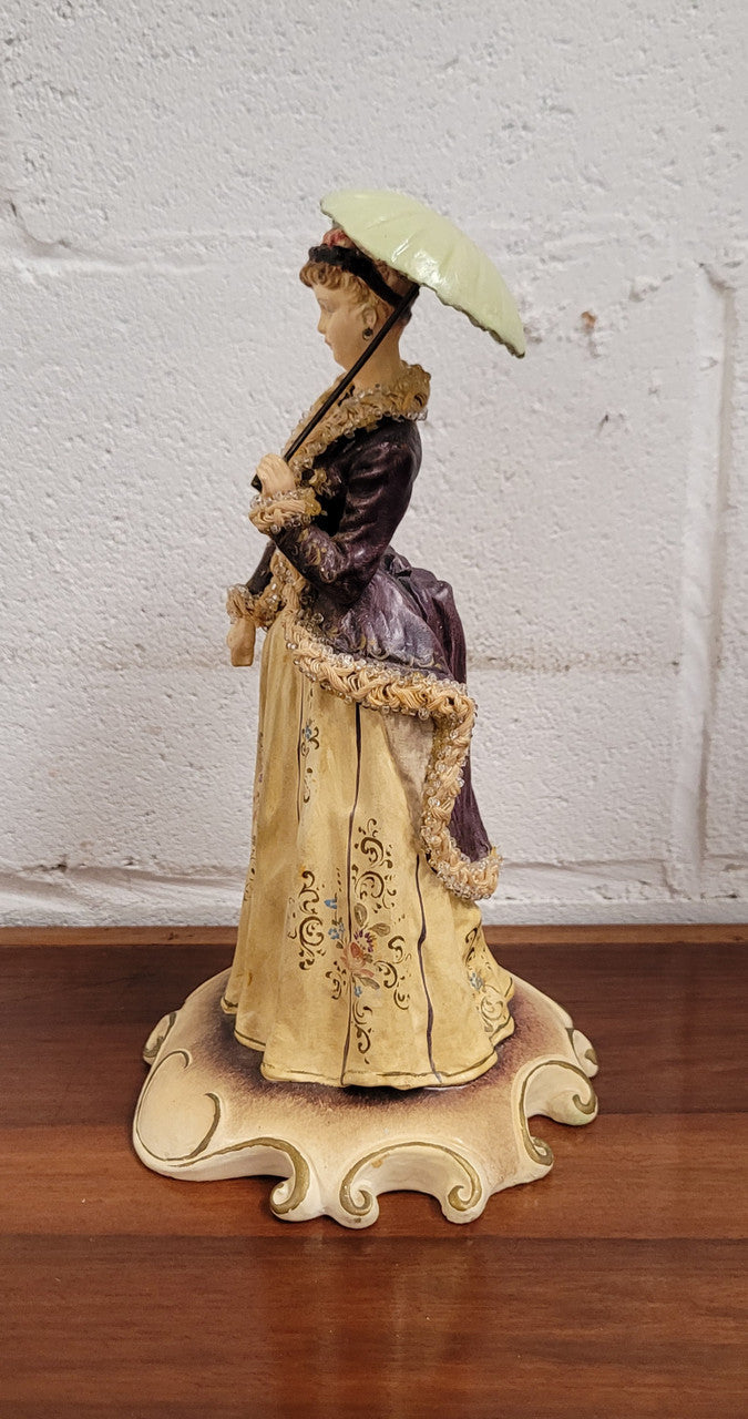 Vintage Italian figurine of lady holding umbrella signed. Sourced locally and in good original condition, please view photos as they help form part of the description.