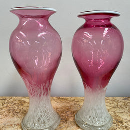 Pair of large Edwardian Ruby & Milk art glass vases. Handmade and in good condition. Circa 1900.