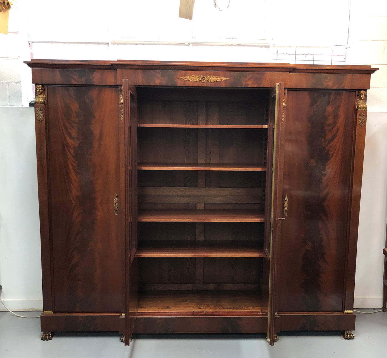 Superb Four Door French Empire Flame Mahogany Bookcase