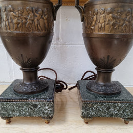 Antique pair of beautiful French urns on marble table\bedside lamps. In good original detailed working condition .