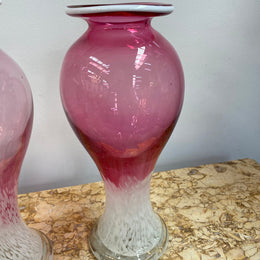 Pair of large Edwardian Ruby & Milk art glass vases. Handmade and in good condition. Circa 1900.