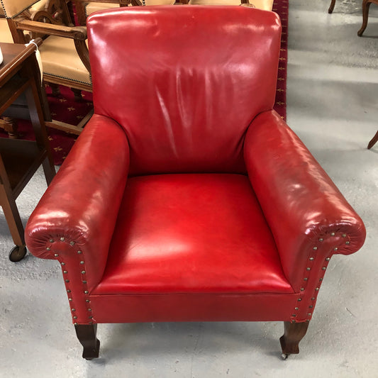 Art Deco arm chair with red leather. From circa 1920's and very comfortable to sit in. It is in good original condition.