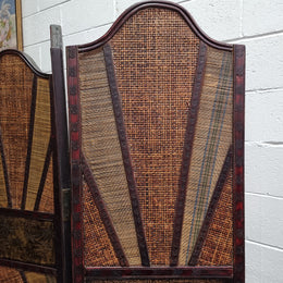 Vintage three panel room divider with elephants made from rattan and wood. It has been sourced locally and is in good original condition.