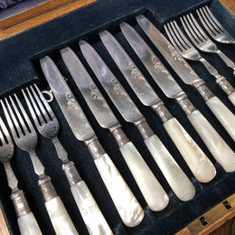 Mother Of Pearl & Silver Plate Fruit Set In Original Box