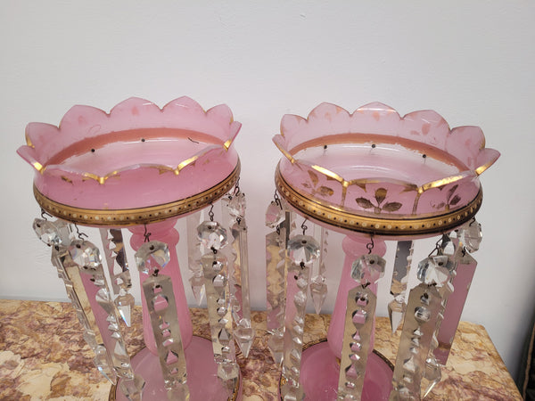 Large Victorian pink glass an gilt trim crystals lusters. It is in good original condition, please view photos as they help form part of the description.