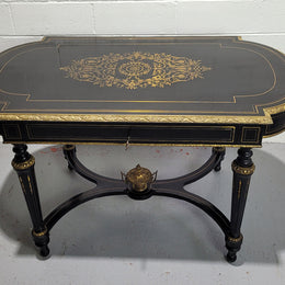19th Century Napoleon III boulle ebonized centre table. Beautiful decorative mounts and has a drawer on one side. In good restored condition.