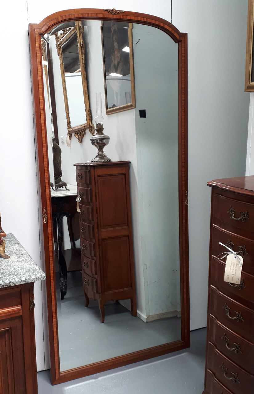 French Inlaid Walnut Free Standing Bevelled Edge Mirror