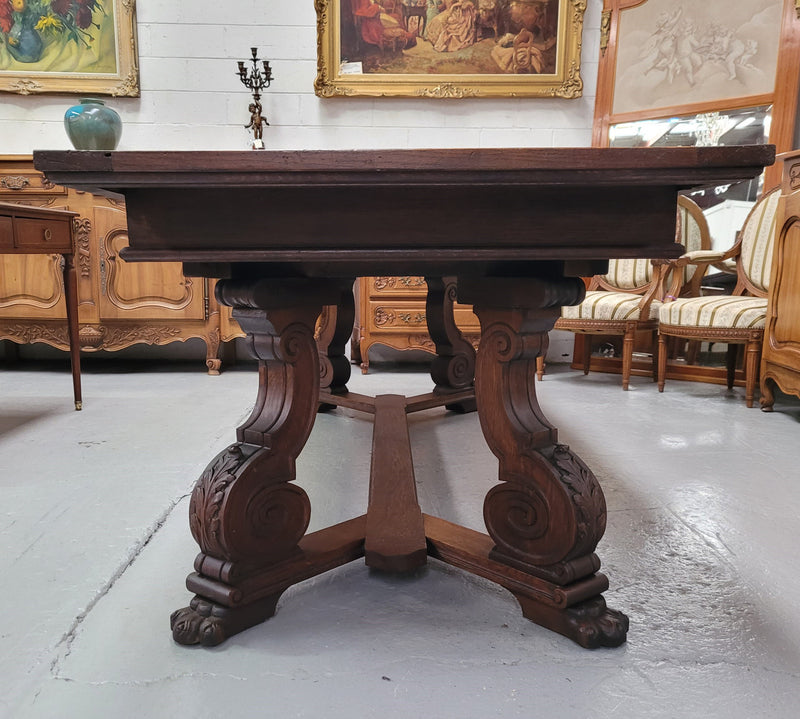 Stunning 2.55 meter French Spanish style parquetry top Oak table. Amazing one piece top and it is in good original detailed condition.