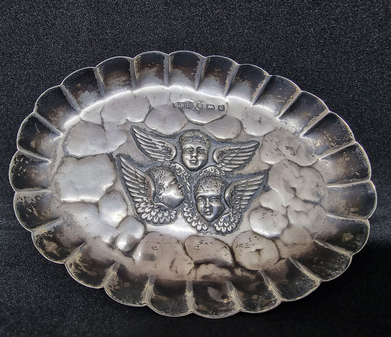 Antique Silver Very decorative and pretty Birmingham Silver Cherub Pin Tray . In good original condition.