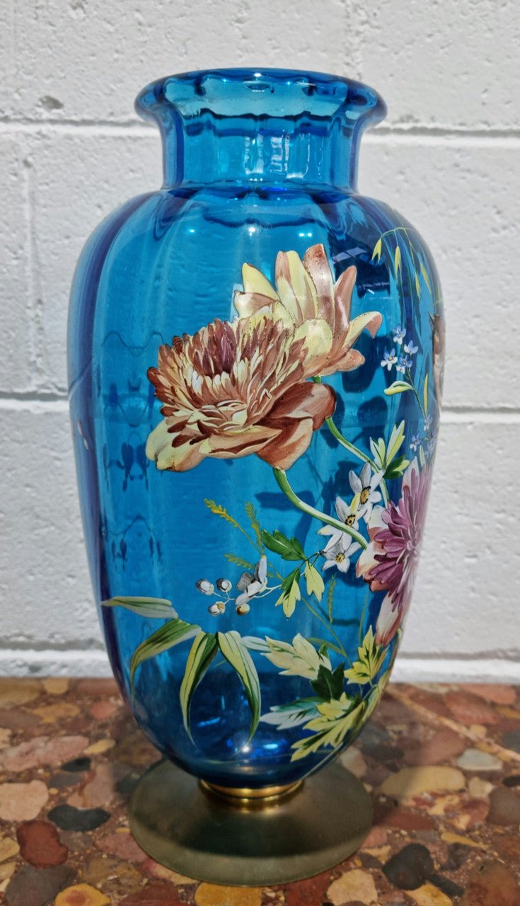Decorative Victorian Enameled Hand Painted Blue Glass Vase "Bird and Flower Scene"