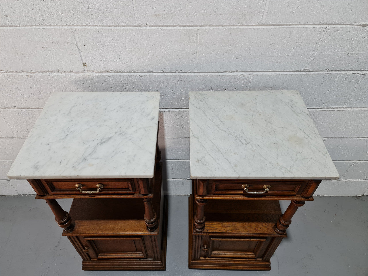 Pair of French Oak Marble Top Open Shelf Bedside Cabinets | Antique & Vintage | Moonee Ponds Antiques | Australia Wide Delivery