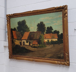 French Oil On Canvas Of Farmhouse Scene in Art Deco Frame | Antique & Vintage | Moonee Ponds Antiques | Australia Wide Delivery