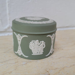 For Sale At Moonee Ponds Antiques Vintage classical design green jasper “Wedgwood” round lidded trinket box. In good condition please view photos as they help form part of the description.