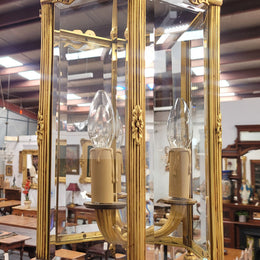 Charming three globe French bronze hexagonal ceiling light with beveled glass. Fully rewired to Australian standards and has been sourced from France. In good original condition.