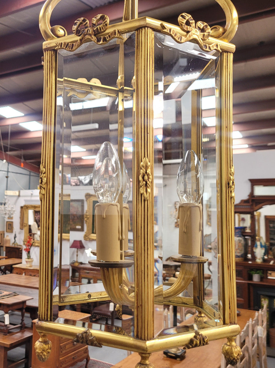 Charming three globe French bronze hexagonal ceiling light with beveled glass. Fully rewired to Australian standards and has been sourced from France. In good original condition.