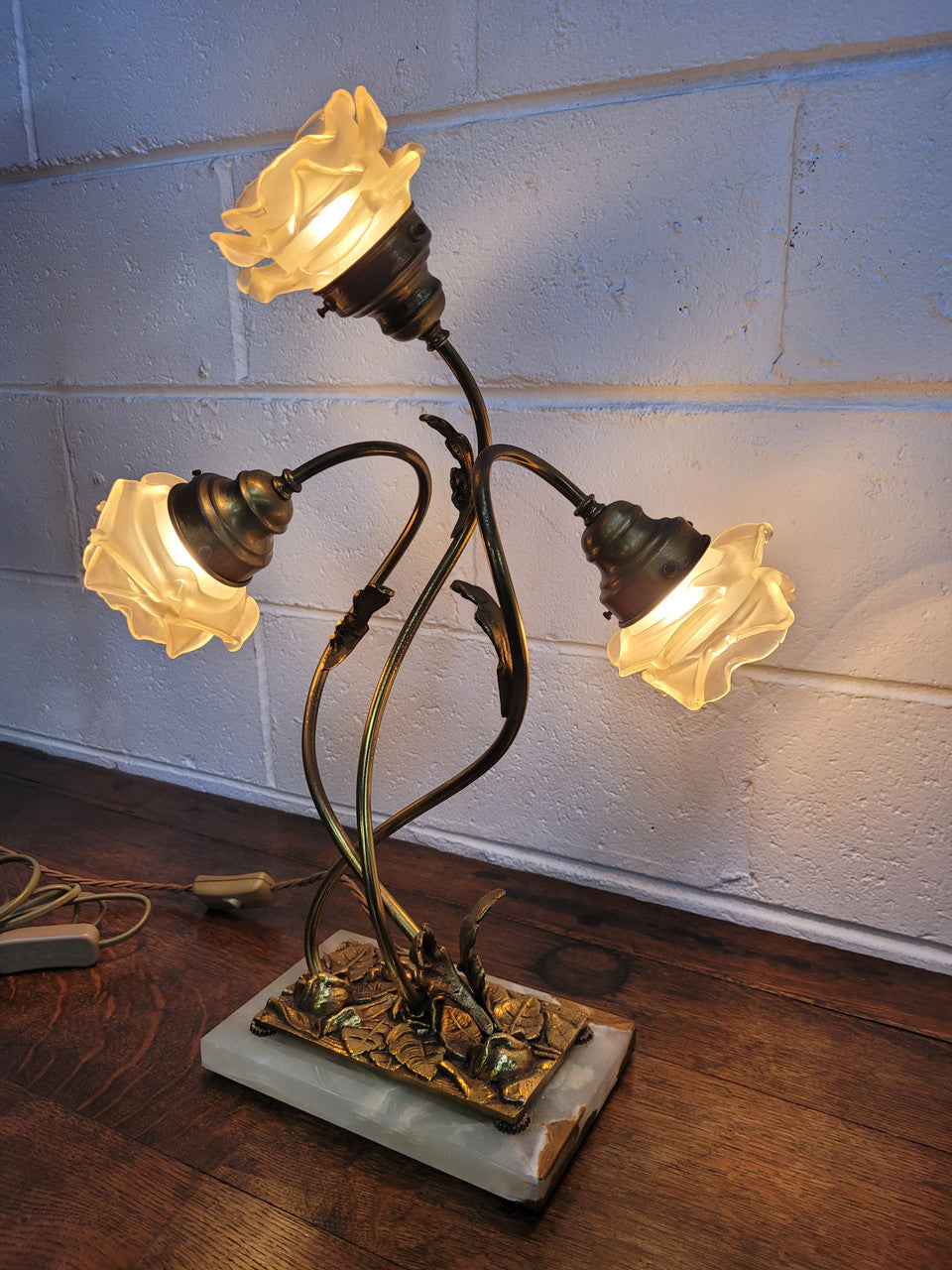 Art Deco Alabaster & Gilt Brass Table Lamp With Three Branches | Antique & Vintage | Moonee Ponds Antiques | Australia Wide Delivery