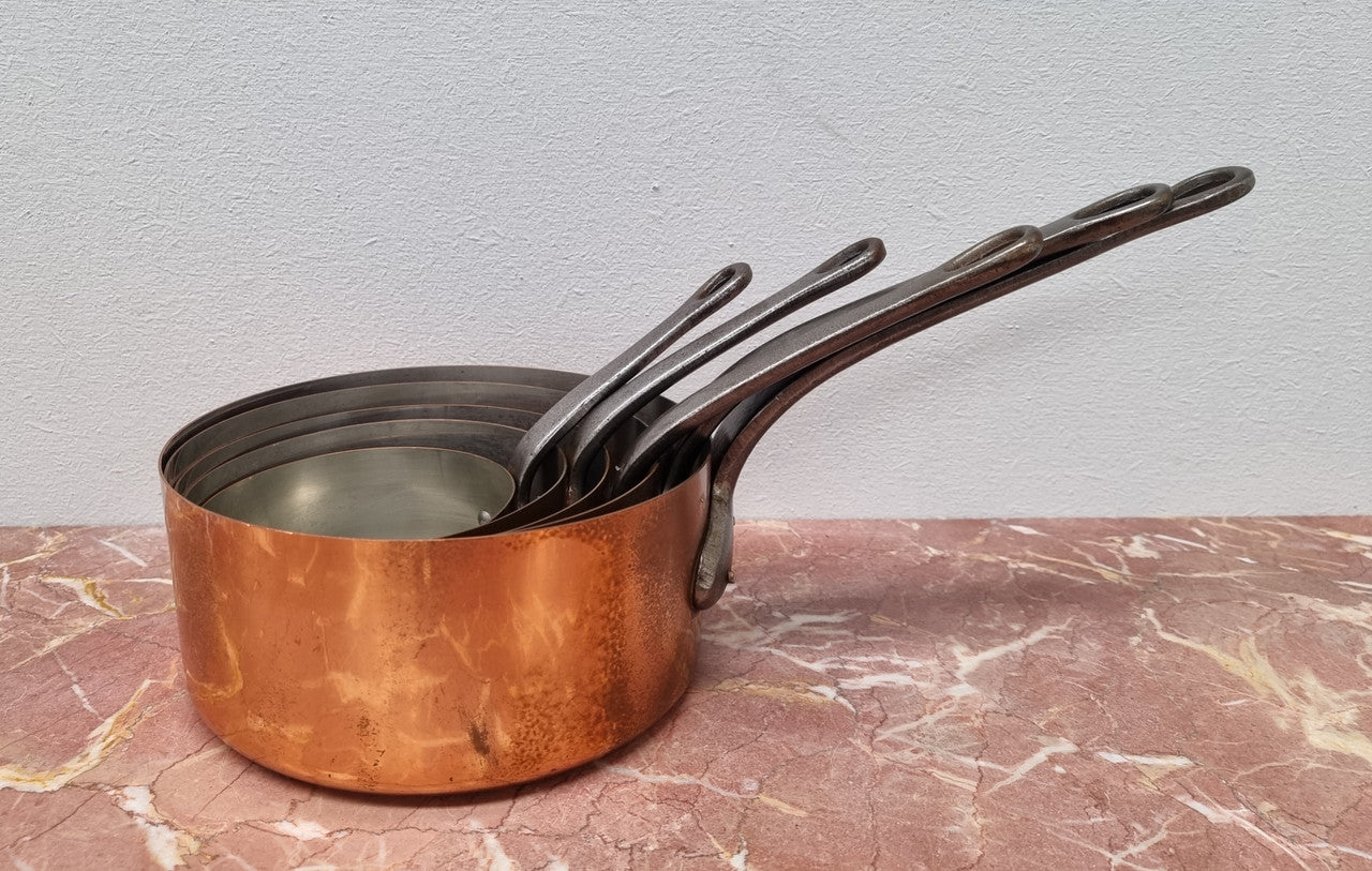 Set of Five Vintage Copper Saucepans with Tin Lining Made In France
