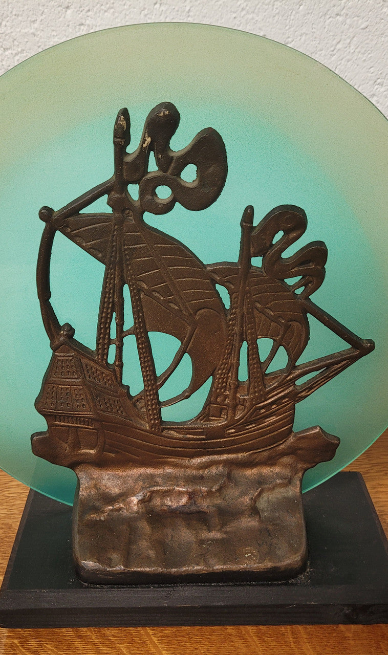 Art Deco Bronze Glass Ships Lamp