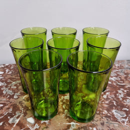 Set of 8 French Green Duralex drinking glasses. They are in good original condition with no chips or cracks, please view photos as they help form part of the description.