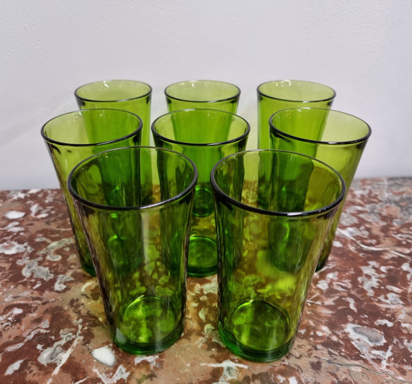 Set of 8 French Green Duralex drinking glasses. They are in good original condition with no chips or cracks, please view photos as they help form part of the description.