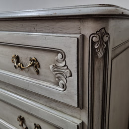 French Louis 15th style Vintage six drawer chest with panelled sides, carving and original paint.  Sourced from France and in good original condition.