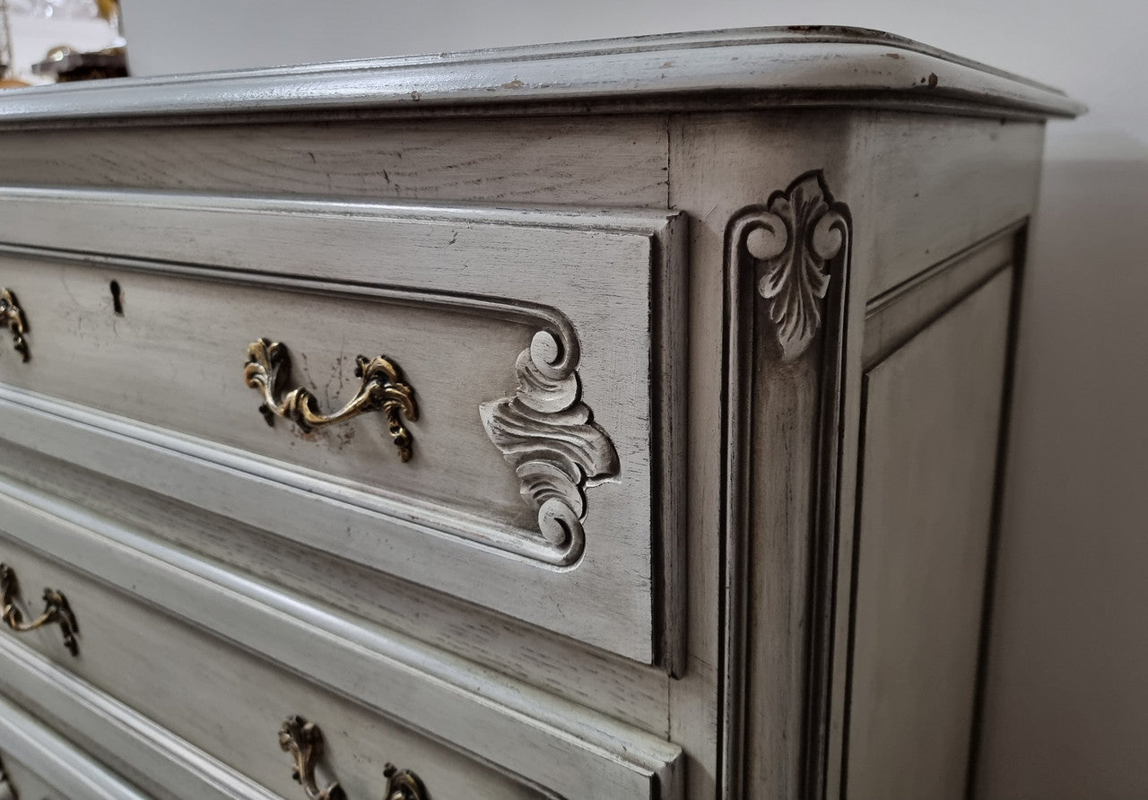 French Louis 15th style Vintage six drawer chest with panelled sides, carving and original paint.  Sourced from France and in good original condition.