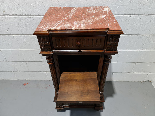 French Walnut Henry 2nd style three drawer one cupboard single side cabinet with rouge marble top. Circa: 1890. In Good original detailed condition.