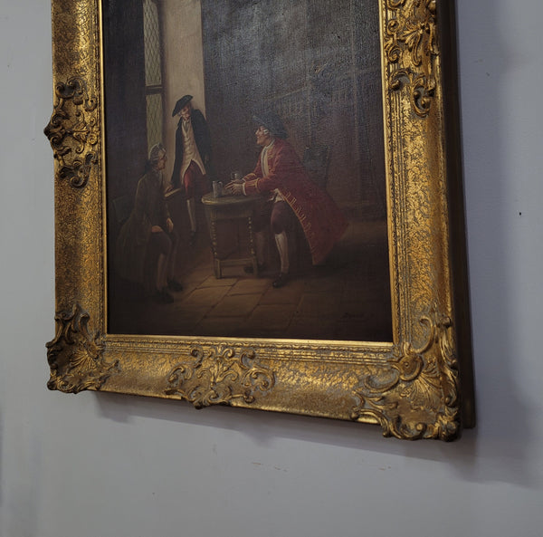 An engaging gilt framed signed oil on canvas of a "French Interior Scene". It has been sourced from France and is in good original detailed condition.