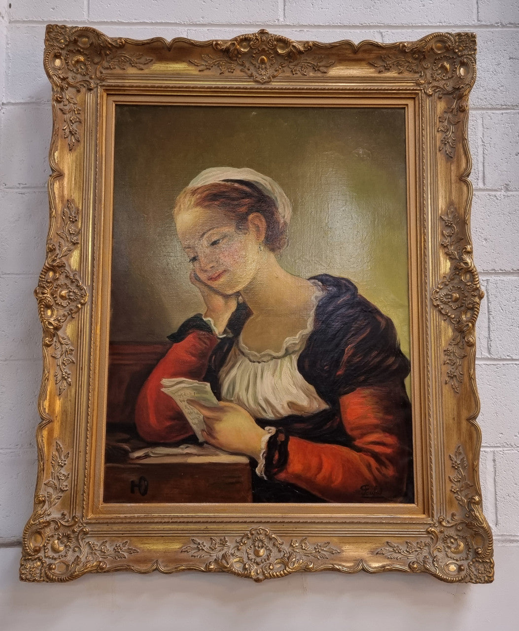 Large Gilt Framed Signed Oil on Canvas Portrait of a Maiden Reading